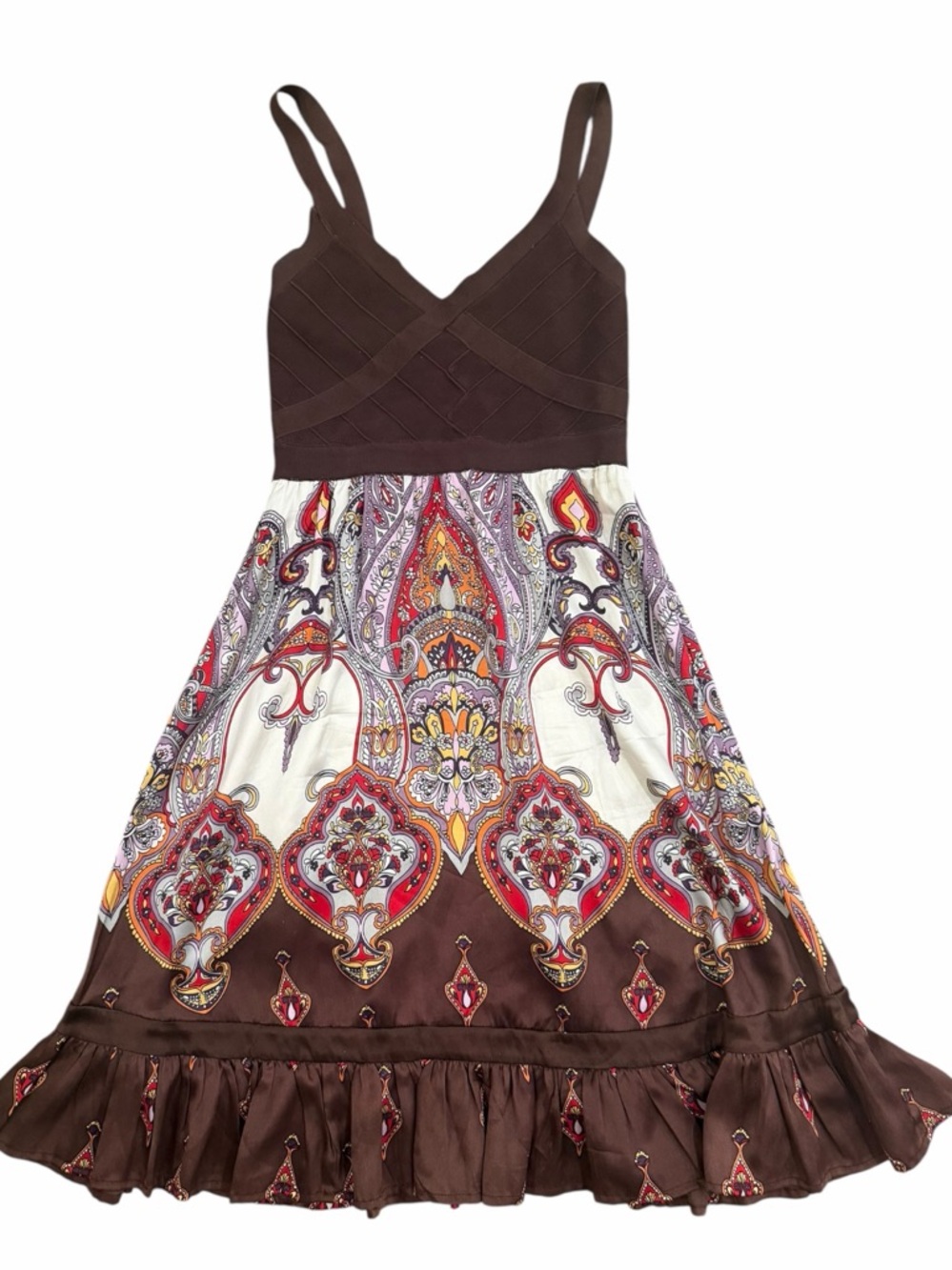 Bebe silk dress paisley brown size XS stretch y2k festival boho‎